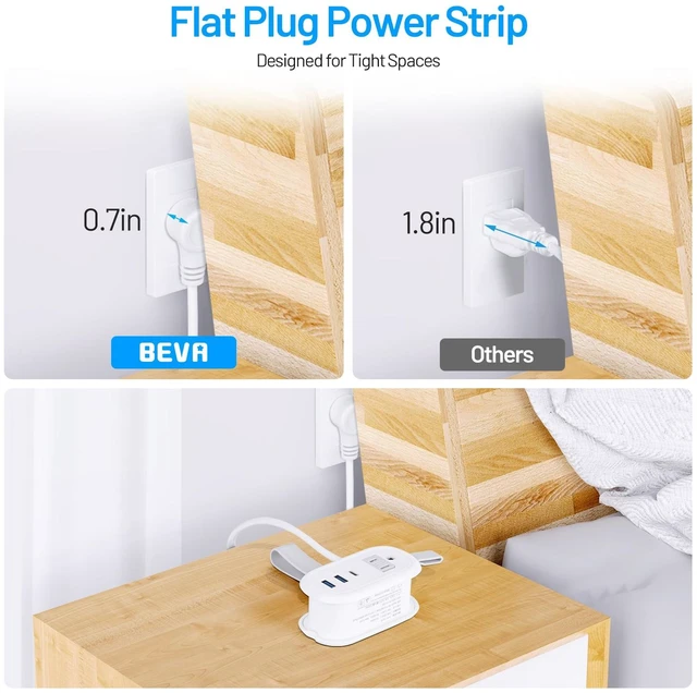 Alt view image 6 of 7 - Travel Power Strip, 2 Outlets 3 USB Ports 4FT Extension Cord, White Small Portable Travel Extension Cord with USB-C Ports for Cruise Ships, Dorm, Hotel, Travel Essentials