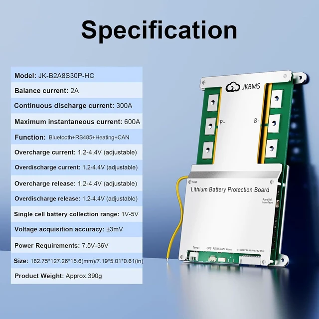 Alt view image 2 of 7 - Smart BMS 4S-8S 12V-24V 300A 2A Active Balance Build-in Bluetooth with Heat CAN RS485 PCB Battery Protection Board for LiFePO4 Li-ion LTO Battery Pack (JK-B2A8S30P-HC)