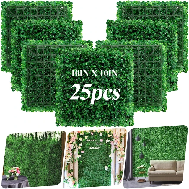 Main image of 25Pcs Artificial Grass Wall Panels 10" X 10" Greenery Backdrop UV-Protected Faux Boxwood Panels 17.36 ft² Fake Green Wall Privacy Screen for Outdoor Indoor Decor Party Wedding Garden Fence Decorations