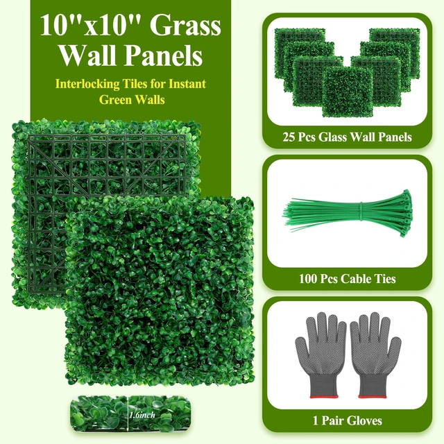 Alt view image 3 of 7 - 25Pcs Artificial Grass Wall Panels 10" X 10" Greenery Backdrop UV-Protected Faux Boxwood Panels 17.36 ft² Fake Green Wall Privacy Screen for Outdoor Indoor Decor Party Wedding Garden Fence Decorations