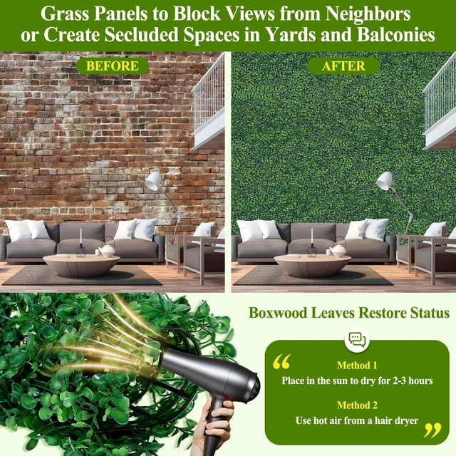 Alt view image 5 of 7 - 25Pcs Artificial Grass Wall Panels 10" X 10" Greenery Backdrop UV-Protected Faux Boxwood Panels 17.36 ft² Fake Green Wall Privacy Screen for Outdoor Indoor Decor Party Wedding Garden Fence Decorations