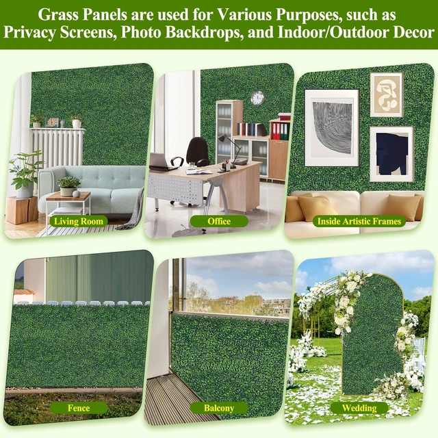 Alt view image 6 of 7 - 25Pcs Artificial Grass Wall Panels 10" X 10" Greenery Backdrop UV-Protected Faux Boxwood Panels 17.36 ft² Fake Green Wall Privacy Screen for Outdoor Indoor Decor Party Wedding Garden Fence Decorations