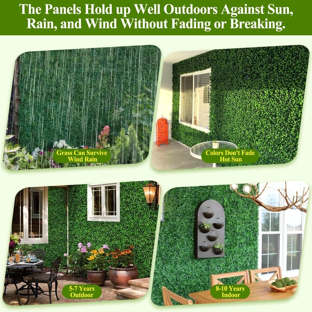 Alt view image 7 of 7 - 25Pcs Artificial Grass Wall Panels 10" X 10" Greenery Backdrop UV-Protected Faux Boxwood Panels 17.36 ft² Fake Green Wall Privacy Screen for Outdoor Indoor Decor Party Wedding Garden Fence Decorations