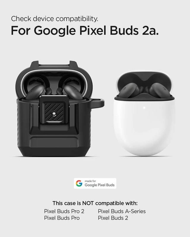 Alt view image 2 of 7 - Lock Fit Designed for Google Pixel Buds 2a Case (2025) with Lock Secure Locking Clip, TPU & PC Dual-Layer, Drop Protection, Included Carabiner - Matte Black