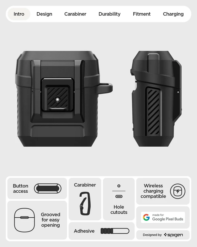 Alt view image 3 of 7 - Lock Fit Designed for Google Pixel Buds 2a Case (2025) with Lock Secure Locking Clip, TPU & PC Dual-Layer, Drop Protection, Included Carabiner - Matte Black