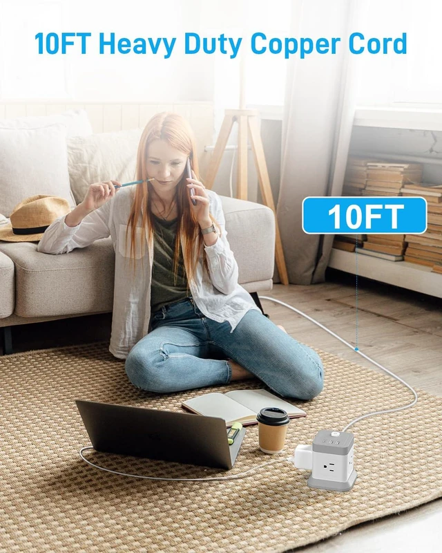 Alt view image 2 of 7 - Power Strip Cube Desktop Charging Station 4 Outlets 3 USB Ports 10FT Extension Cord, Overload Protection, Widely Spaced Outlets, Compact for Travel Cruise Ship Dorm ETL Listed