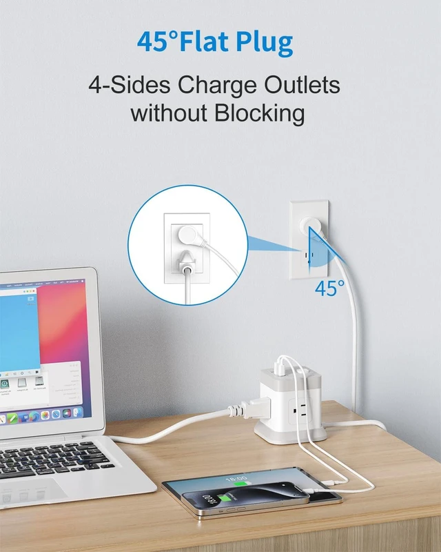 Alt view image 5 of 7 - Power Strip Cube Desktop Charging Station 4 Outlets 3 USB Ports 10FT Extension Cord, Overload Protection, Widely Spaced Outlets, Compact for Travel Cruise Ship Dorm ETL Listed