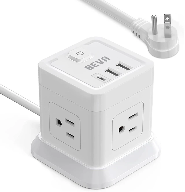 Main image of Power Strip Cube Desktop Charging Station 4 Outlets 3 USB Ports 5FT Extension Cord, Overload Protection, Widely Spaced Outlets, Compact for Travel Cruise Ship Dorm ETL Listed