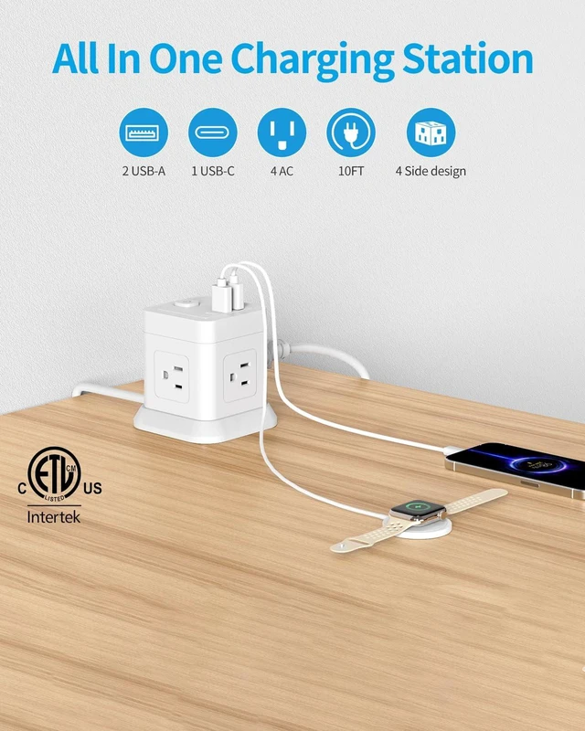 Alt view image 2 of 7 - Power Strip Cube Desktop Charging Station 4 Outlets 3 USB Ports 10FT Extension Cord, Overload Protection, Widely Spaced Outlets, Compact for Travel Cruise Ship Dorm ETL Listed