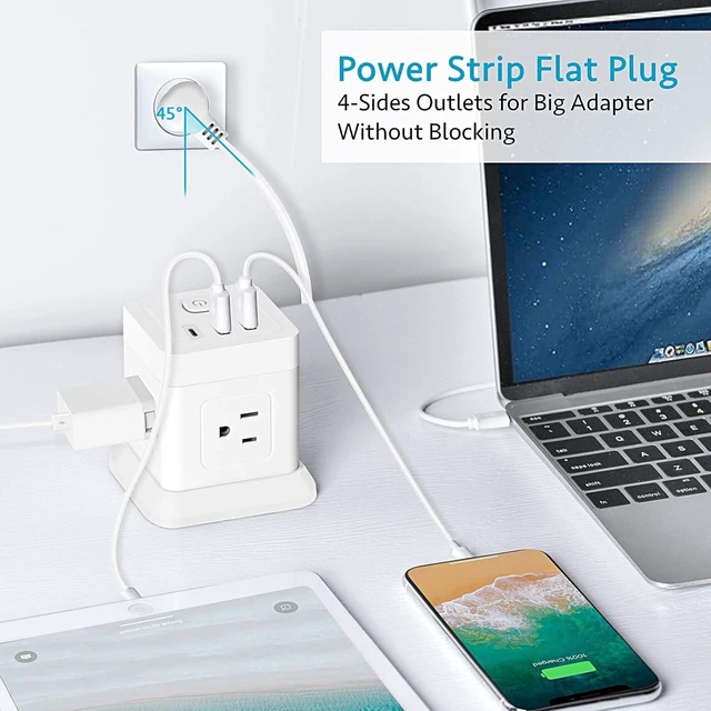 Alt view image 4 of 7 - Power Strip Cube Desktop Charging Station 4 Outlets 3 USB Ports 10FT Extension Cord, Overload Protection, Widely Spaced Outlets, Compact for Travel Cruise Ship Dorm ETL Listed