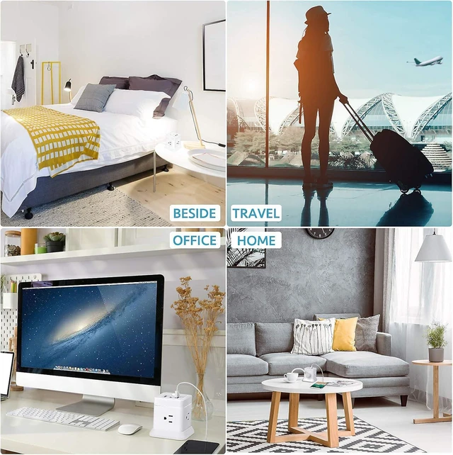 Alt view image 7 of 7 - Power Strip Cube Desktop Charging Station 4 Outlets 3 USB Ports 5FT Extension Cord, Overload Protection, Widely Spaced Outlets, Compact for Travel Cruise Ship Dorm ETL Listed