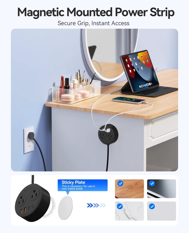 Alt view image 2 of 7 - Magnetic Power Strip with 20W PD Fast Charging USB C Ports 6-in-1 Round Desktop Extension Cord (10ft) with 2 AC Outlets, 2 USB-C, 2 USB-A, Wall Mountable for Dorm Room & Office