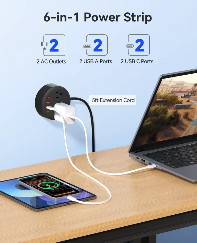 Alt view image 4 of 7 - Magnetic Power Strip with 20W PD Fast Charging USB C Ports 6-in-1 Round Desktop Extension Cord (10ft) with 2 AC Outlets, 2 USB-C, 2 USB-A, Wall Mountable for Dorm Room & Office