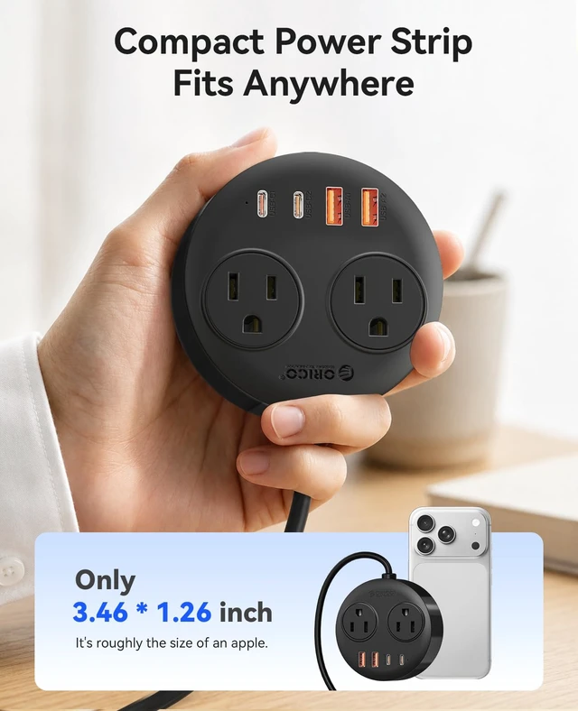 Alt view image 6 of 7 - Magnetic Power Strip with 20W PD Fast Charging USB C Ports 6-in-1 Round Desktop Extension Cord (10ft) with 2 AC Outlets, 2 USB-C, 2 USB-A, Wall Mountable for Dorm Room & Office
