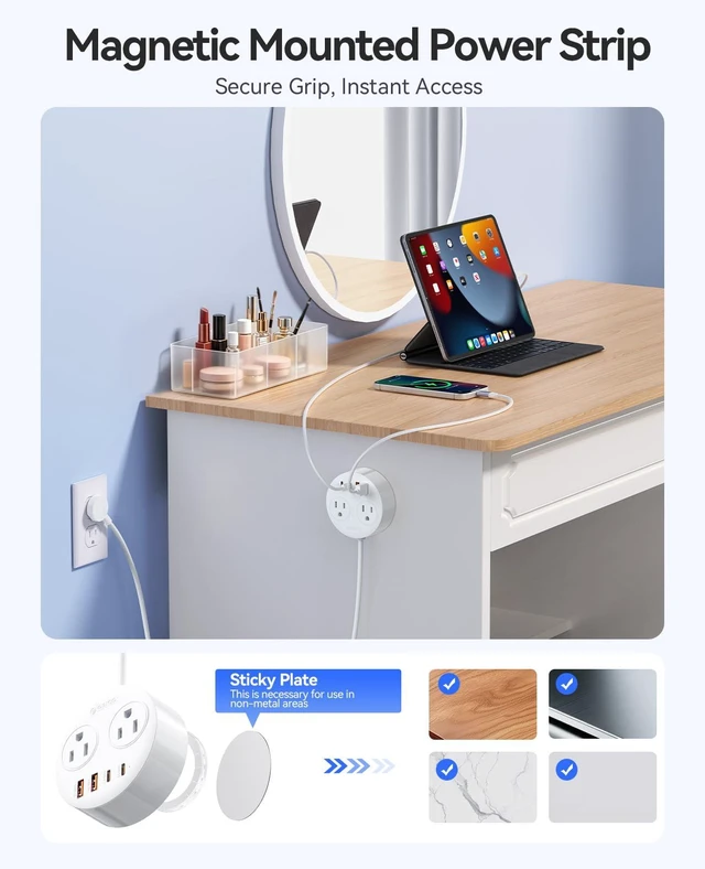 Alt view image 2 of 7 - Magnetic Power Strip with 20W PD Fast Charging USB C Ports 6-in-1 Round Desktop Extension Cord (5ft) with 2 AC Outlets, 2 USB-C, 2 USB-A, Wall Mountable for Dorm Room & Office