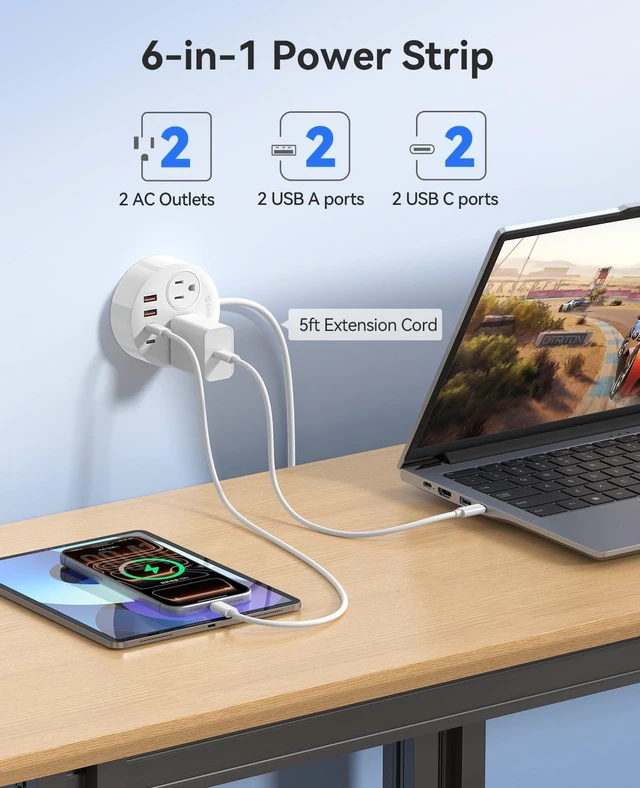 Alt view image 5 of 7 - Magnetic Power Strip with 20W PD Fast Charging USB C Ports 6-in-1 Round Desktop Extension Cord (5ft) with 2 AC Outlets, 2 USB-C, 2 USB-A, Wall Mountable for Dorm Room & Office