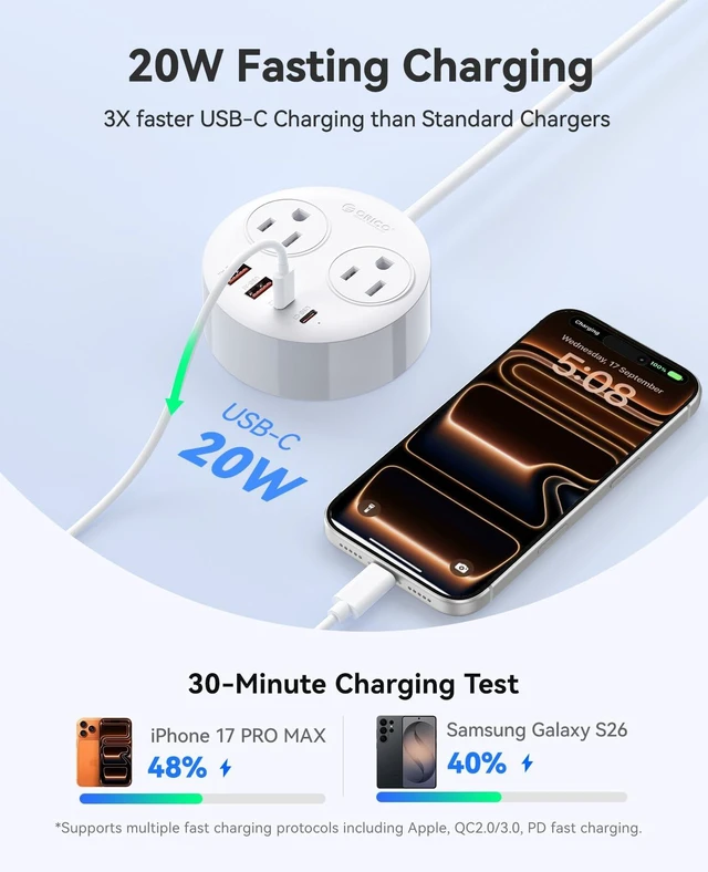 Alt view image 4 of 7 - Magnetic Power Strip with 20W PD Fast Charging USB C Ports 6-in-1 Round Desktop Extension Cord (5ft) with 2 AC Outlets, 2 USB-C, 2 USB-A, Wall Mountable for Dorm Room & Office