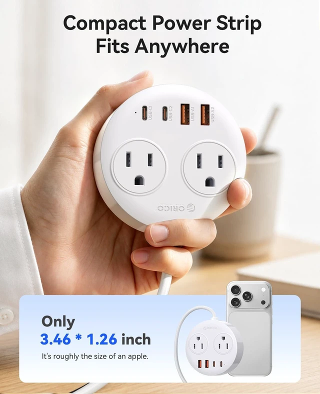 Alt view image 6 of 7 - Magnetic Power Strip with 20W PD Fast Charging USB C Ports 6-in-1 Round Desktop Extension Cord (5ft) with 2 AC Outlets, 2 USB-C, 2 USB-A, Wall Mountable for Dorm Room & Office