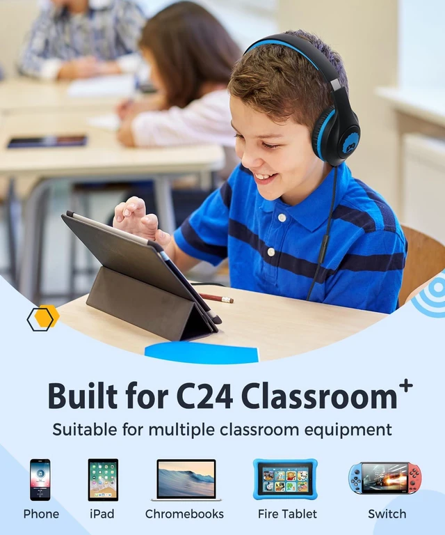 Alt view image 6 of 7 - C24 Foldable Wired Headphones for Kids with Microphone, 3.5mm Jack Girls Boys Childs Head phones Corded Foldable Lightweight for School Classroom Airplane Chromebooks Laptop Phones Black Blue