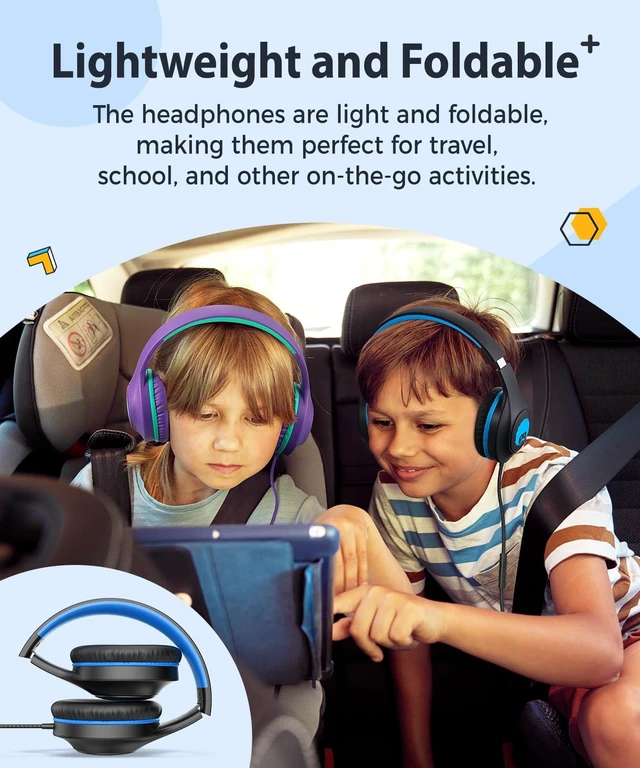 Alt view image 7 of 7 - C24 Foldable Wired Headphones for Kids with Microphone, 3.5mm Jack Girls Boys Childs Head phones Corded Foldable Lightweight for School Classroom Airplane Chromebooks Laptop Phones Black Blue
