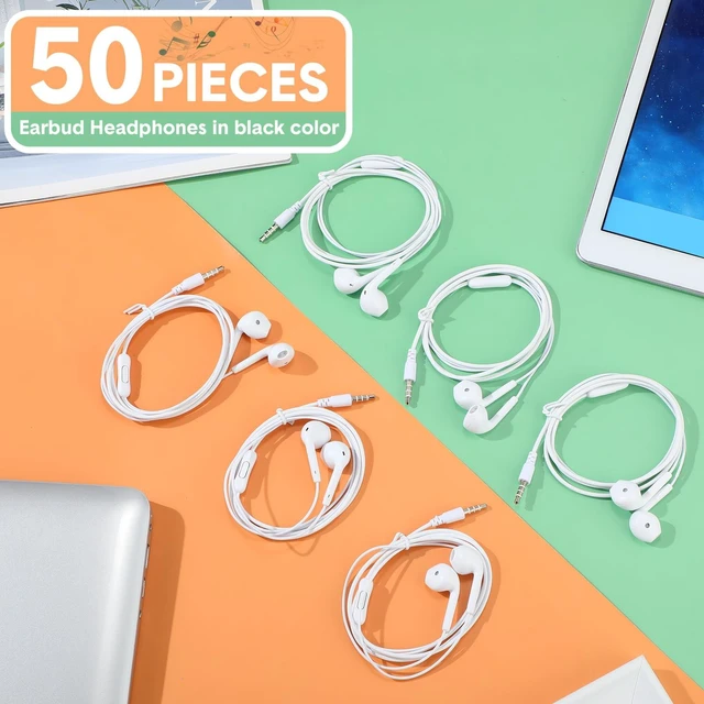 Alt view image 3 of 7 - 50 Pack Wired Ear Buds with Mic for Student, Simple, White Ear Headphones Wired Earbuds Bulk, with 3.5mm Plug, for School Classroom Library Museum Travel Plane Tablet