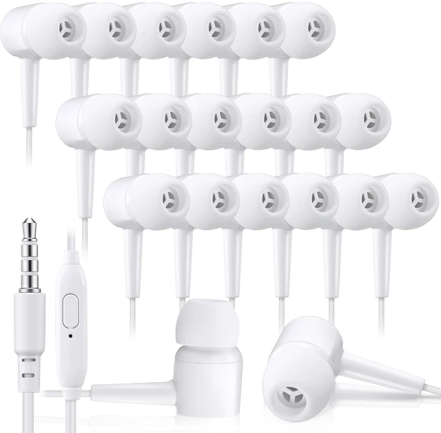 Main image of 50 Pack Wired Ear Buds with Mic for Student, Classic, White Ear Headphones Wired Earbuds Bulk, with 3.5mm Plug, for School Classroom Library Museum Travel Plane Tablet