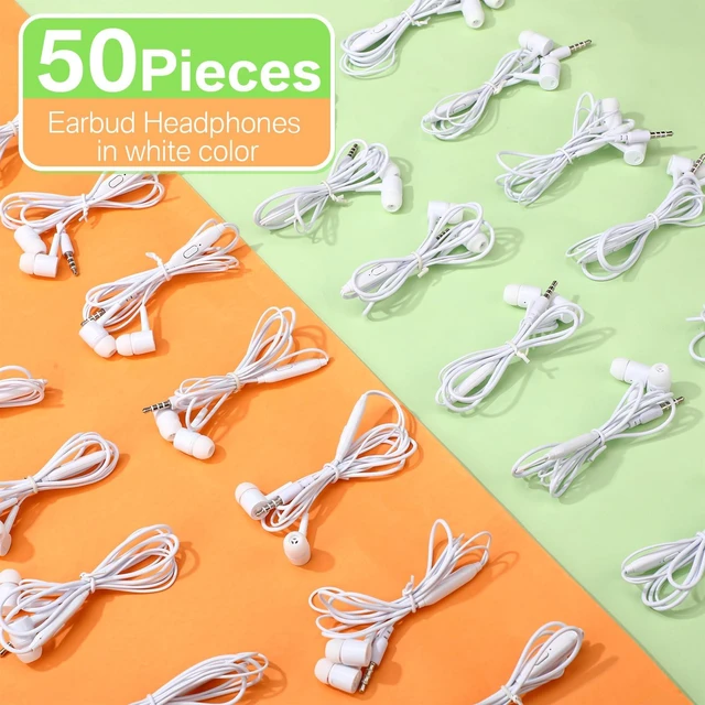 Alt view image 3 of 7 - 50 Pack Wired Ear Buds with Mic for Student, Classic, White Ear Headphones Wired Earbuds Bulk, with 3.5mm Plug, for School Classroom Library Museum Travel Plane Tablet