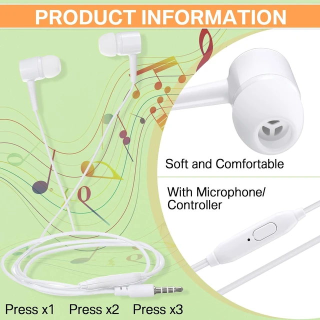 Alt view image 2 of 7 - 50 Pack Wired Ear Buds with Mic for Student, Classic, White Ear Headphones Wired Earbuds Bulk, with 3.5mm Plug, for School Classroom Library Museum Travel Plane Tablet