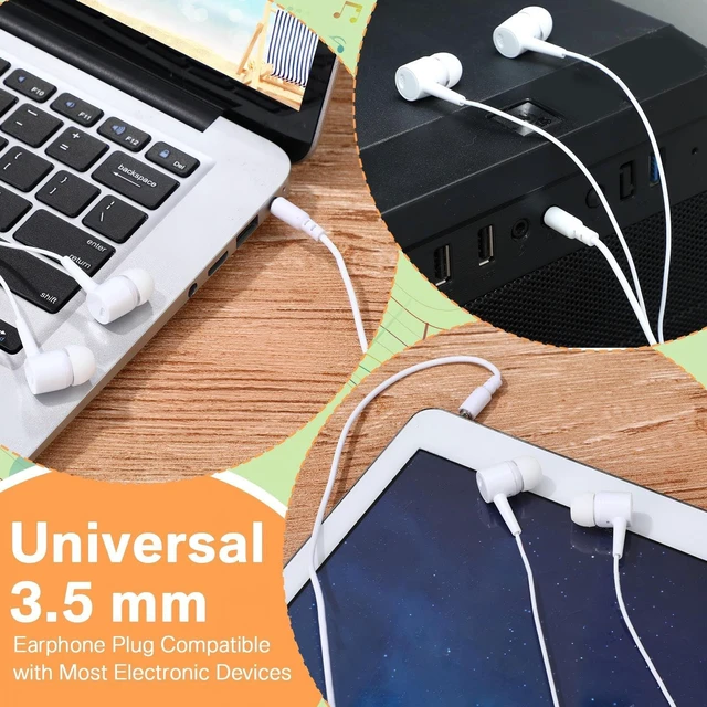 Alt view image 4 of 7 - 50 Pack Wired Ear Buds with Mic for Student, Classic, White Ear Headphones Wired Earbuds Bulk, with 3.5mm Plug, for School Classroom Library Museum Travel Plane Tablet