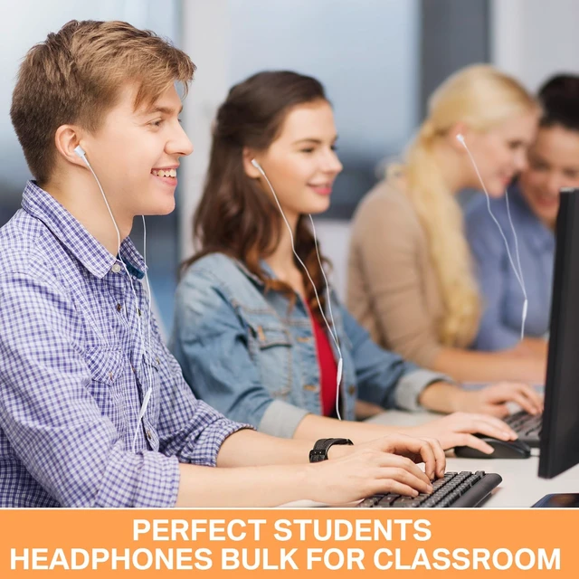 Alt view image 6 of 7 - 50 Pack Wired Ear Buds with Mic for Student, Classic, White Ear Headphones Wired Earbuds Bulk, with 3.5mm Plug, for School Classroom Library Museum Travel Plane Tablet