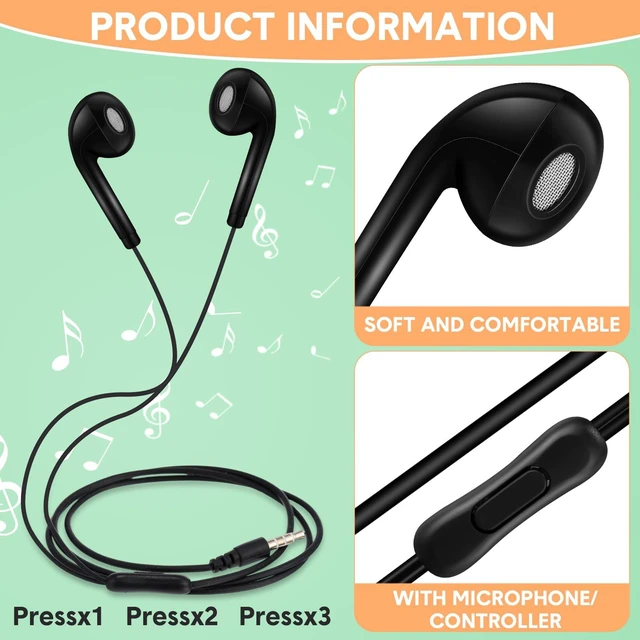 Alt view image 2 of 7 - 50 Pack Wired Ear Buds with Mic for Student, Simple, Black Ear Headphones Wired Earbuds Bulk, with 3.5mm Plug, for School Classroom Library Museum Travel Plane Tablet