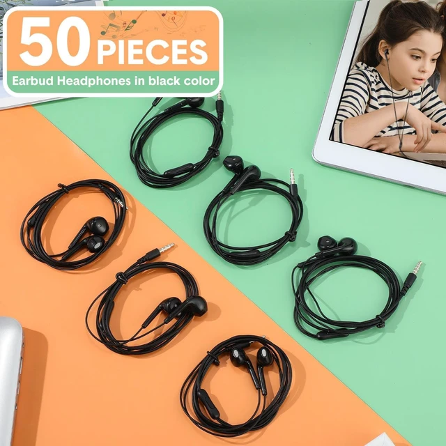 Alt view image 3 of 7 - 50 Pack Wired Ear Buds with Mic for Student, Simple, Black Ear Headphones Wired Earbuds Bulk, with 3.5mm Plug, for School Classroom Library Museum Travel Plane Tablet
