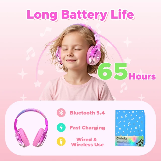 Alt view image 3 of 7 - Kids Bluetooth Headphones with mic, 74/85dB Limited, 65H Playtime Fast charging, Bluetooth 5.4, foldable over-ear, AUX for iPad, tablet, airplane, Wireless headphones for kids, Bolt Series