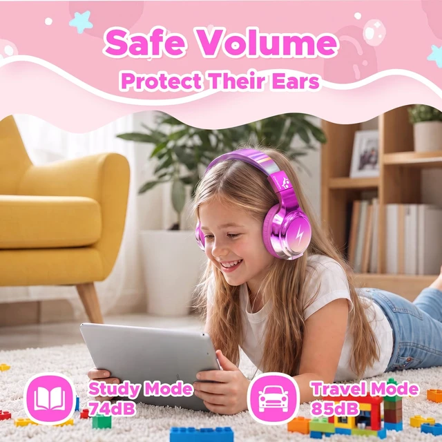 Alt view image 4 of 7 - Kids Bluetooth Headphones with mic, 74/85dB Limited, 65H Playtime Fast charging, Bluetooth 5.4, foldable over-ear, AUX for iPad, tablet, airplane, Wireless headphones for kids, Bolt Series