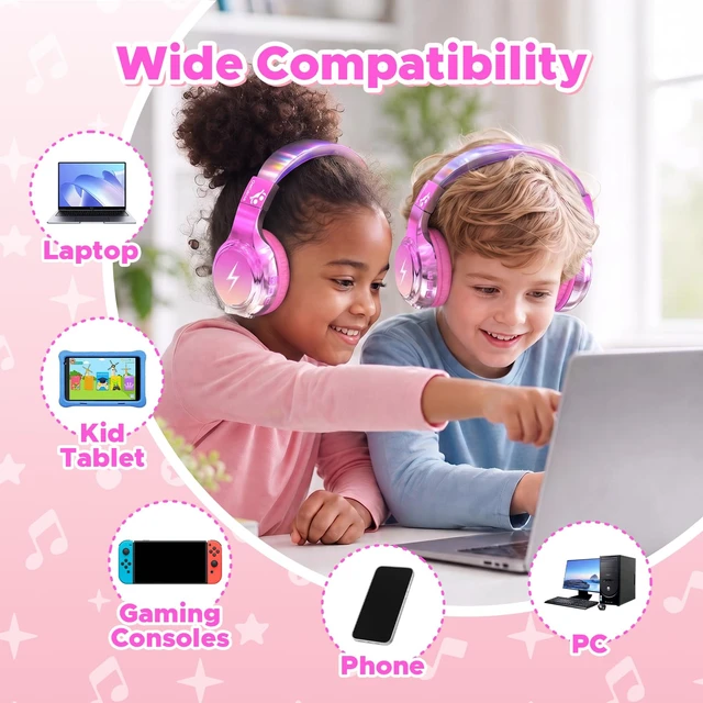 Alt view image 7 of 7 - Kids Bluetooth Headphones with mic, 74/85dB Limited, 65H Playtime Fast charging, Bluetooth 5.4, foldable over-ear, AUX for iPad, tablet, airplane, Wireless headphones for kids, Bolt Series
