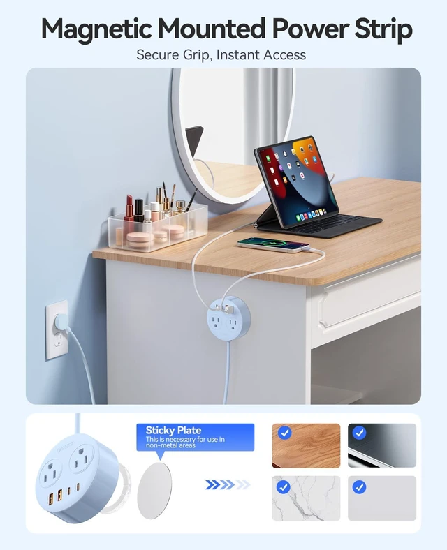 Alt view image 2 of 7 - Magnetic Power Strip with 20W PD Fast Charging USB C Ports 6-in-1 Round Desktop Extension Cord (5ft) with 2 AC Outlets, 2 USB-C, 2 USB-A, Wall Mountable for Dorm Room & Office
