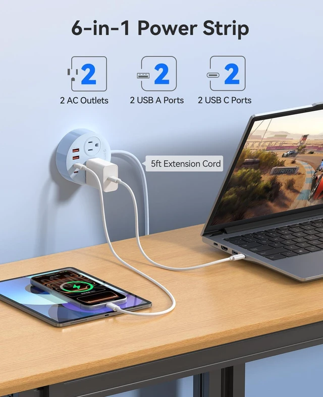 Alt view image 5 of 7 - Magnetic Power Strip with 20W PD Fast Charging USB C Ports 6-in-1 Round Desktop Extension Cord (5ft) with 2 AC Outlets, 2 USB-C, 2 USB-A, Wall Mountable for Dorm Room & Office