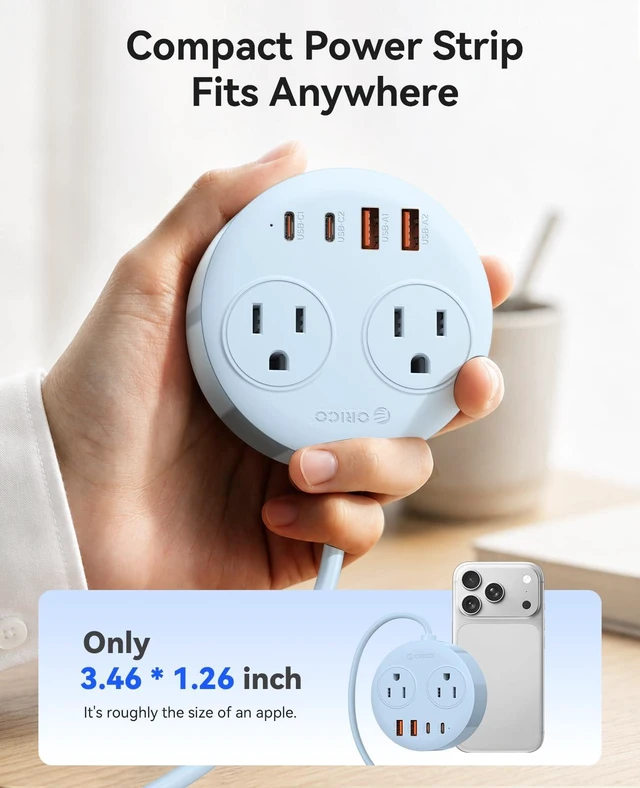 Alt view image 6 of 7 - Magnetic Power Strip with 20W PD Fast Charging USB C Ports 6-in-1 Round Desktop Extension Cord (5ft) with 2 AC Outlets, 2 USB-C, 2 USB-A, Wall Mountable for Dorm Room & Office