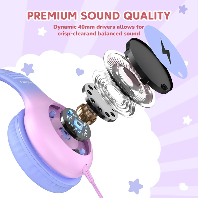 Alt view image 2 of 7 - USB Type C Kid Headphones, Kid Wired Headphones with Mic/LED Lights 85/94dB Volume Limit, Stereo Sound, Foldable Over Ear USB-C Headphones for Kids/Boys/Girls/School/Travel/Tablet/iPad, Pink