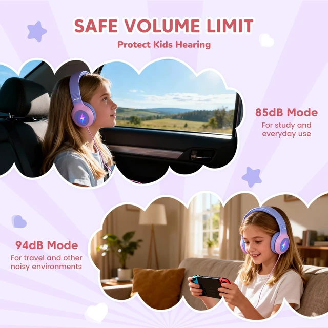 Alt view image 3 of 7 - USB Type C Kid Headphones, Kid Wired Headphones with Mic/LED Lights 85/94dB Volume Limit, Stereo Sound, Foldable Over Ear USB-C Headphones for Kids/Boys/Girls/School/Travel/Tablet/iPad, Pink