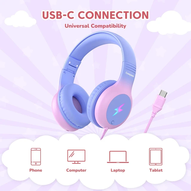 Alt view image 4 of 7 - USB Type C Kid Headphones, Kid Wired Headphones with Mic/LED Lights 85/94dB Volume Limit, Stereo Sound, Foldable Over Ear USB-C Headphones for Kids/Boys/Girls/School/Travel/Tablet/iPad, Pink
