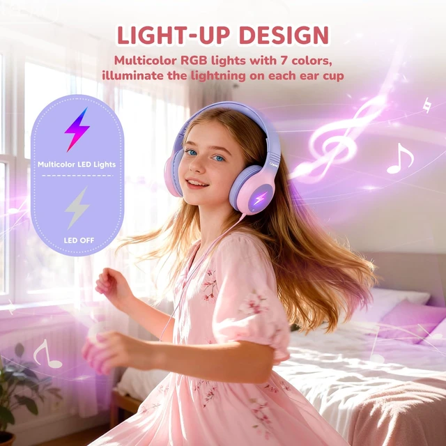 Alt view image 5 of 7 - USB Type C Kid Headphones, Kid Wired Headphones with Mic/LED Lights 85/94dB Volume Limit, Stereo Sound, Foldable Over Ear USB-C Headphones for Kids/Boys/Girls/School/Travel/Tablet/iPad, Pink