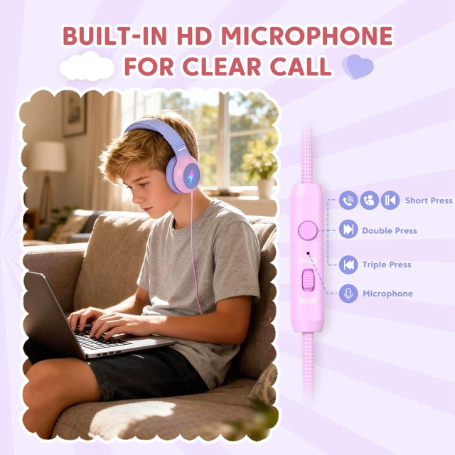 Alt view image 6 of 7 - USB Type C Kid Headphones, Kid Wired Headphones with Mic/LED Lights 85/94dB Volume Limit, Stereo Sound, Foldable Over Ear USB-C Headphones for Kids/Boys/Girls/School/Travel/Tablet/iPad, Pink