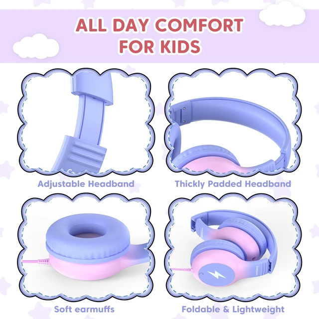 Alt view image 7 of 7 - USB Type C Kid Headphones, Kid Wired Headphones with Mic/LED Lights 85/94dB Volume Limit, Stereo Sound, Foldable Over Ear USB-C Headphones for Kids/Boys/Girls/School/Travel/Tablet/iPad, Pink