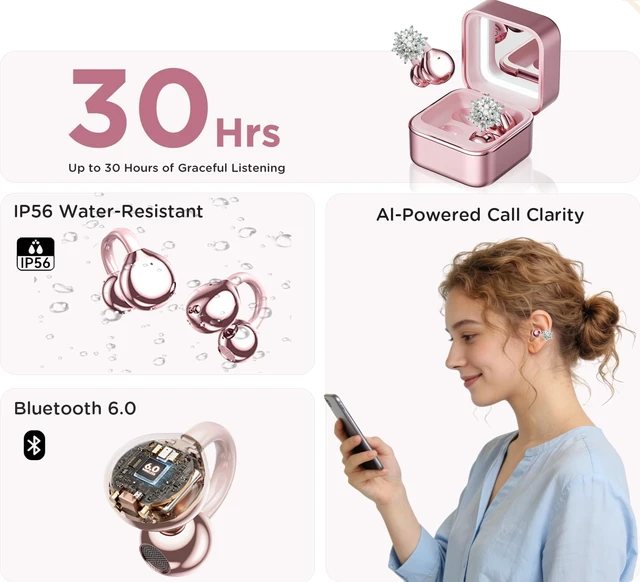 Alt view image 7 of 7 - Clip on Open Ear Wireless Earbuds with Snowflake Earrings Bluetooth 6.0 Wireless Headphones for Women Girl Gift, Jewelry Charging Box with Light & Mirror, Sports Workout, Rose Gold