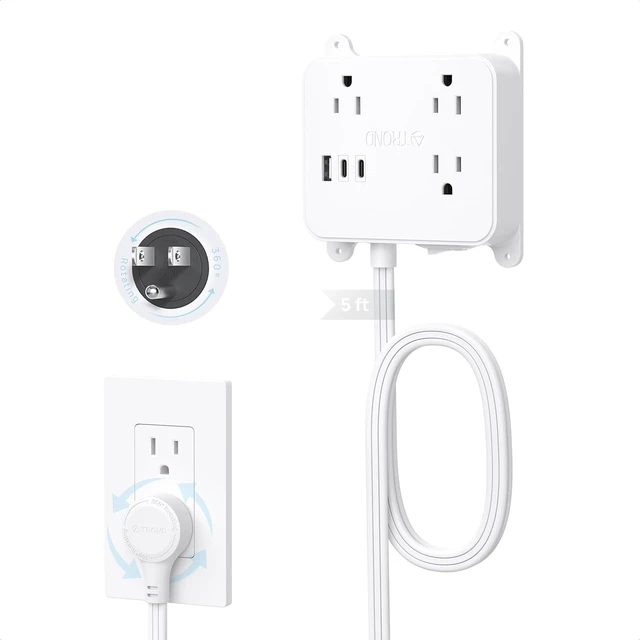 Main image of Flat Power Strip with 360° Rotating Plug 5FT Extension Cord with 3 Outlets and 3 USB Ports, Wall Outlet to Hide in Drawer, Attach Under Desk Cabinet Vanity Counter