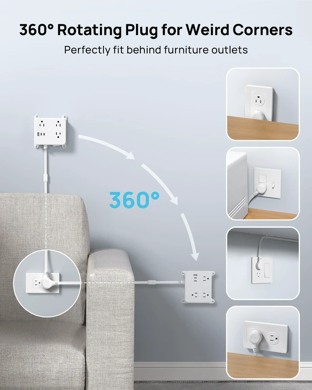 Alt view image 3 of 7 - 360 Rotating Plug Power Strip, 1.5FT Short Extension Cord with USB 3 AC Electrical Outlet Extender, 2 USB-C and 1 USB-A Ports, Wall Plug Adapter, Use Behind TV, Couches, Nightstands, Cabinet