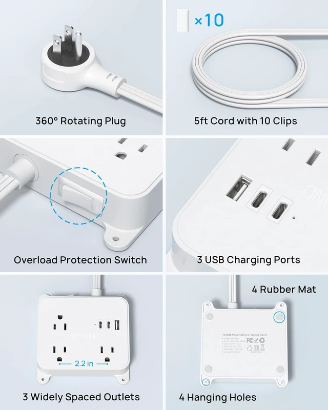 Alt view image 5 of 7 - Flat Power Strip with 360° Rotating Plug 5FT Extension Cord with 3 Outlets and 3 USB Ports, Wall Outlet to Hide in Drawer, Attach Under Desk Cabinet Vanity Counter