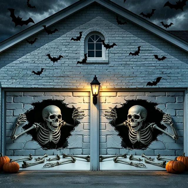 Alt view image 3 of 6 - 2pack 7x8 ft Halloween Garage Door Cover for one-car Garage Halloween Garage Door Decorations 8x7 ft Banner Backdrop, Easy Installation, for Home Outdoor Indoor Spooky Party Wall