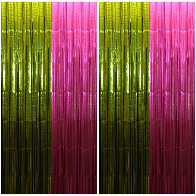 Main image of Hot Pink Lime Green Foil Fringe Curtains 4 Pack, Party Backdrop Matte 3.3 x 6.6 ft Each Pink & Green Party Backdrop Indoor Wall, Doorway & Photo Booth Decor